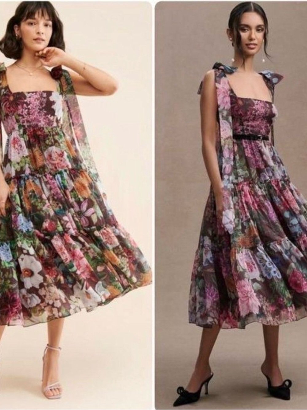 Anthropologie floral shoulder tie midi dress